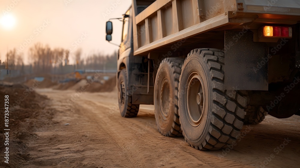 Obraz premium A heavy dump truck drives on a dusty construction site during golden hour