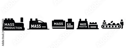 mass production silhouette icon set, solid style, vector illustration