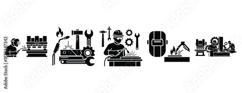 metal fabrication silhouette icon set, solid style, vector illustration