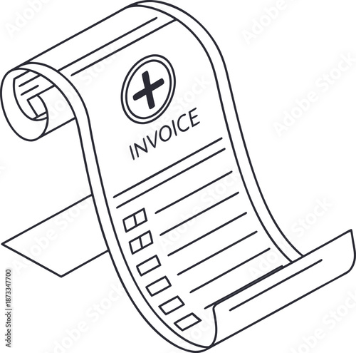 Invoice Illustration: A stylized invoice rolls out, featuring detailed checklists, a clear INVOICE header, and a circular emblem indicating a medical association or similar service.