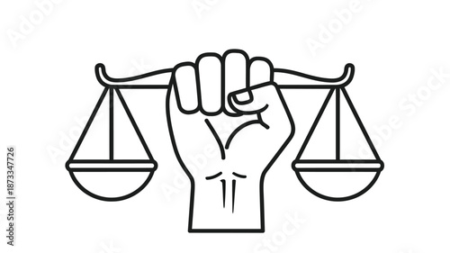Justice and power a clenched fist firmly holding the scales of legal balance