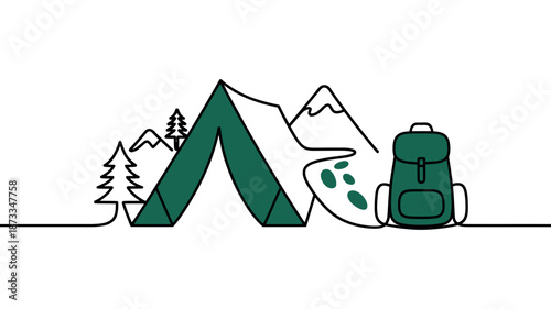A minimalist illustration of a camping scene in the mountains with a tent and backpack