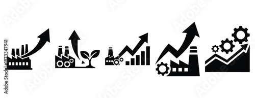 production growth silhouette icon set, solid style, vector illustration