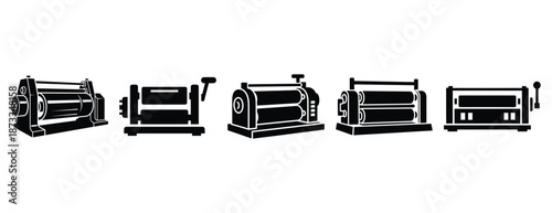 rolling machine silhouette icon set, solid style, vector illustration