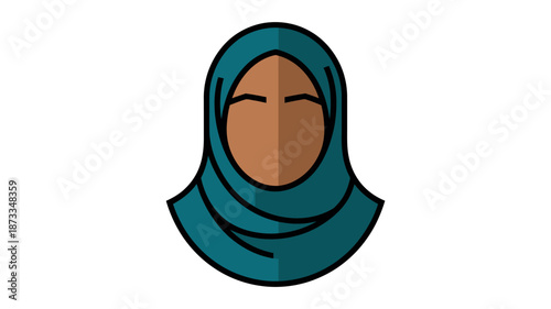 A cartoon illustration of a woman wearing a teal hijab and smiling