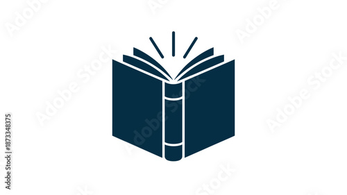 A dark blue icon of an open book with lines radiating from it