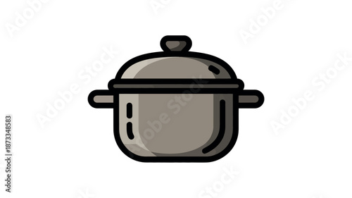 A cartoon illustration of a gray pot with a lid and handles