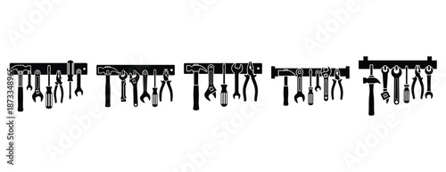 tool rack silhouette icon set, solid style, vector illustration