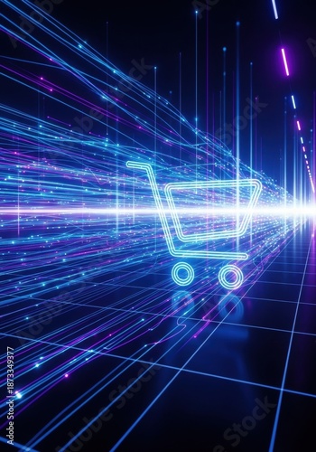 Shopping cart icon made of light trails. Digital data flow and online retail concept. Futuristic e-commerce platform for fast delivery and transaction.