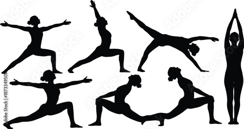 Set of 6 Yoga Warrior sequence warrior I II and III poses plus reverse warrior and lunge