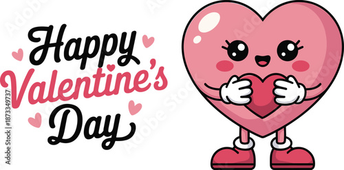 Valentine heart character, Happy Valentine’s Day text, cartoon design, love theme, pink red accents, festive illustration, celebration graphic