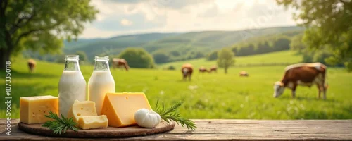 Panel kuchenny z motywem Fresh dairy products like milk and cheese sit on a wooden table. Cows graze in a green pasture behind them. The scene is set in a beautiful countryside with rolling hills under a bright sky.