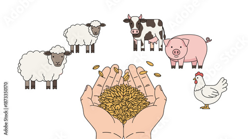 Hands holding a generous pile of golden grains, symbolizing agriculture and livestock feed, surrounded by a cow, two sheep, a pig, and a chicken.