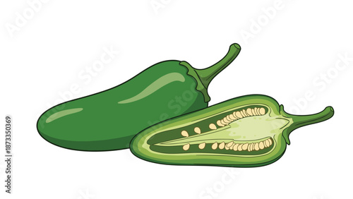 A vibrant green jalape�o pepper displayed whole next to a perfectly sliced half, revealing its seeds and internal structure, against a white background.