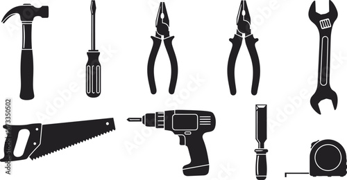 Collection of basic hand tools and power tools for diy and construction