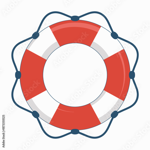 Red and white life preserver ring with dark blue ropes and knots white background lifebuoy safety
