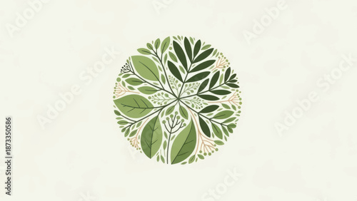 Circular leaf mandala design featuring green foliage arranging a harmonious plant motif.