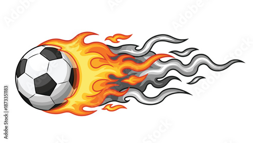 A blazing soccer ball surrounded by intense flames and a trail of smoke, symbolizing speed, power, and dynamic action in sports, against a white background.