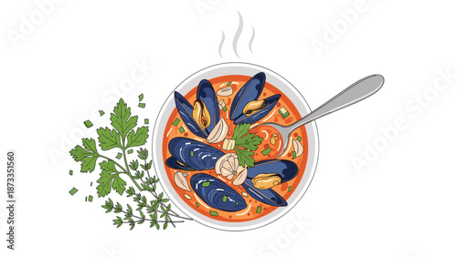 A vibrant top-down view of freshly cooked mussels served in a rich red sauce, garnished with parsley and thyme, showcasing a delicious seafood dish.