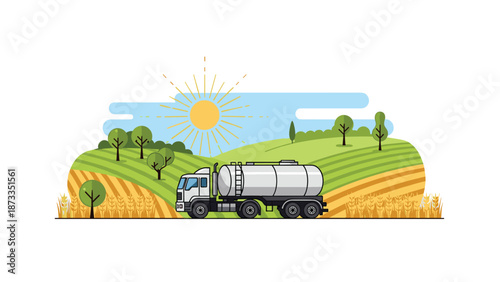 A large milk tanker truck driving through a picturesque green rural landscape with rolling hills, golden fields, and scattered trees under a bright sun, symbolizing agricultural transport.