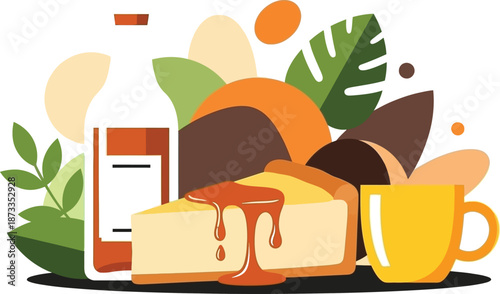 Vector flat illustration of breakfast set with cheesecake slice coffee mug and water bottle on white background