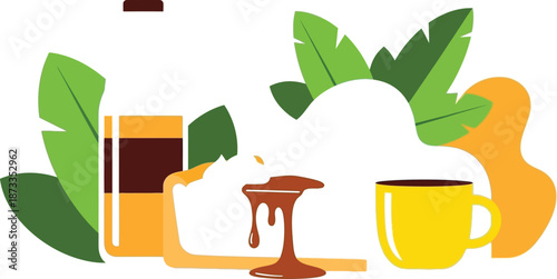 Vector flat illustration of breakfast set with cheesecake slice coffee mug and water bottle on white background