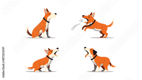 Cute Cartoon Dogs Barking Howling Yelling Vector Set. Diverse domestic animal illustrations expressing various sounds.