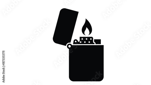 Simple black and white icon depicting an open lighter with a visible flame