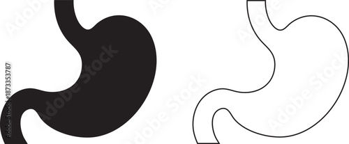 Illustration of a human stomach in solid black and white outline versions
