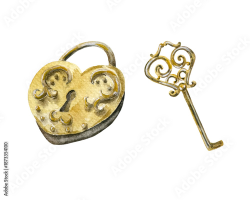 Watercolor heart-shaped lock and key. An old lock and a key. A watercolor vintage lock and a key. Lock and key painting.