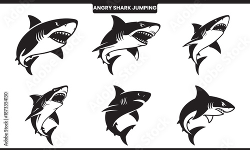 A collection of black and white illustrations depicting jumping sharks