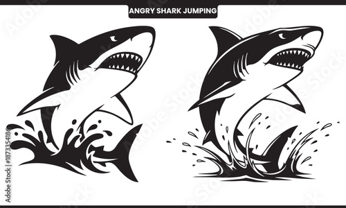 Black and white illustration of two jumping sharks with splashing water
