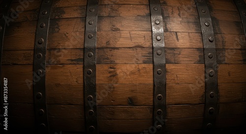 Highly textured surface of vintage wooden staves and iron bands from an old aging cask used for spirits, providing rustic copy space, backdrop, cask, weathered