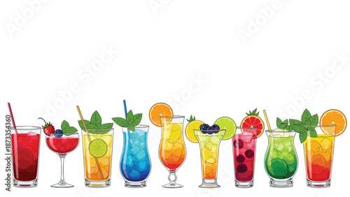 A vibrant and diverse collection of colorful cocktails and fruity drinks, elegantly arranged in a row, each garnished with fresh fruit and mint, perfect for a party or celebration.