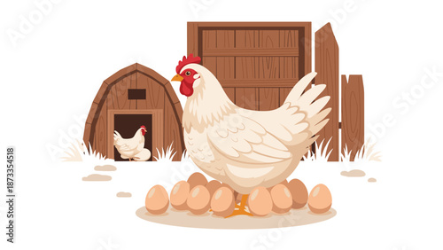 A proud white hen sitting on a clutch of freshly laid eggs, surrounded by rustic wooden coops in a farmyard setting, symbolizing natural egg production and rural life.