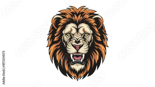 Majestic roaring lion head illustration with vibrant mane and intense gaze.