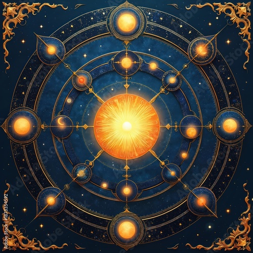 Wallpaper Mural Ornate celestial map shows sun moon planets stars in cosmic orbit. Astrology calendar visualizes universe cycles. Astronomy chart displays galactic movement, deep space mystery. Torontodigital.ca