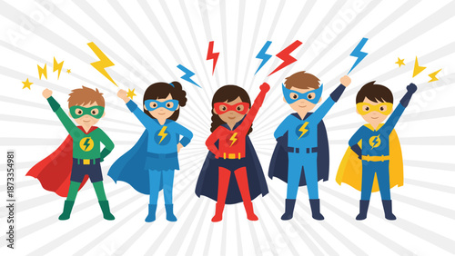 Five diverse children dressed in colorful superhero costumes with masks and capes standing proudly against a sunburst background.