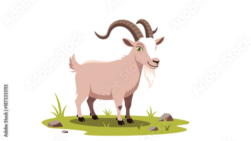 Detailed vector illustration of a brown goat with large curved horns standing on a small patch of green grass with stones on white.