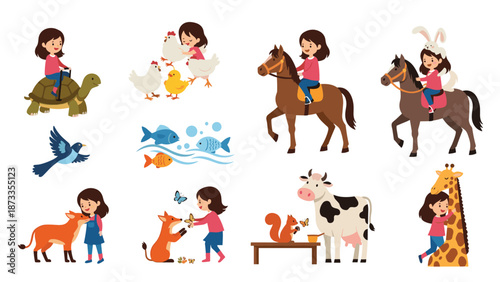Collection of illustrations showing a young girl interacting kindly with various animals like horses foxes cows birds and even a giraffe.