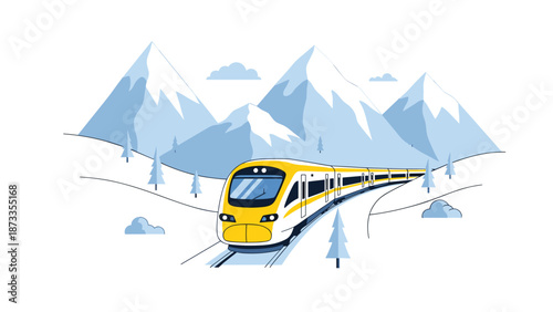 A sleek yellow and white modern train traveling through a breathtaking snowy mountain landscape, symbolizing efficient and scenic winter travel and transportation.