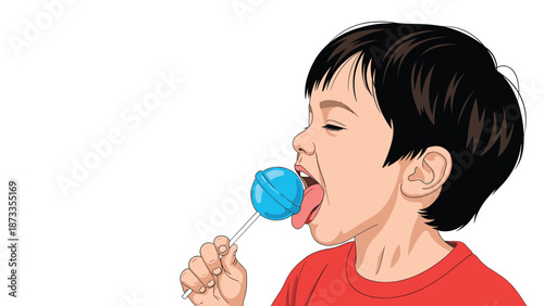 Side profile illustration of a young boy with black hair happily licking a large round blue lollipop against a clean white background.