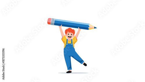 Enthusiastic little boy wearing blue denim overalls and a yellow shirt holding up a giant blue pencil above his head with a big smile.