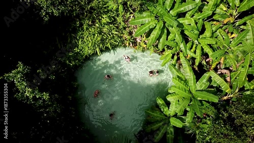 Aerial drone of Turquoise lagoon. Fervedouro do Ceica, river source that is a tourist attraction in the Jalapao region. High quality 4k footage
