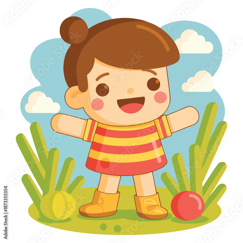 Happy Cartoon Girl Standing with Open Arms.
