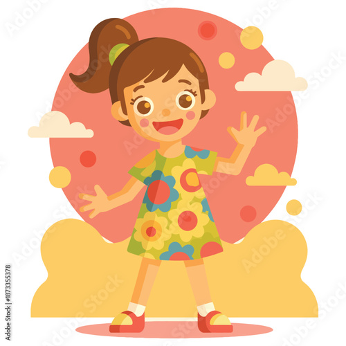 Happy Cartoon Girl with Colorful Dress.