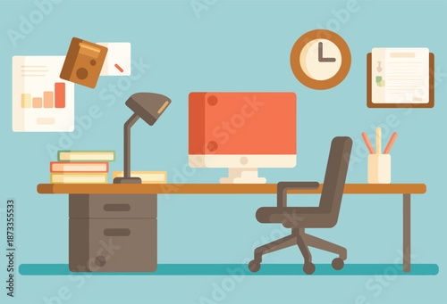 Office Desk with Computer and Chair.