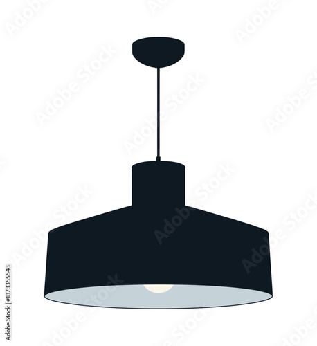 A sleek black pendant light hanging from a white ceiling