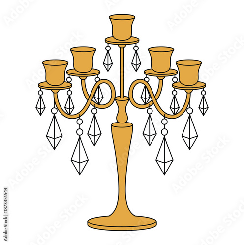 A luxurious golden candelabra with crystals on a white background