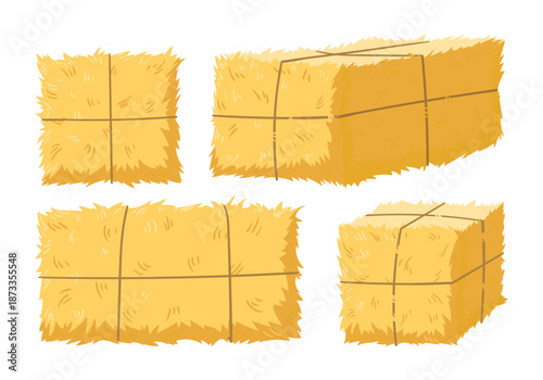 Bales of hay. Cartoon agricultural haycocks, rural haystack, fodder straw flat vector illustration set. Dried farm haystacks
